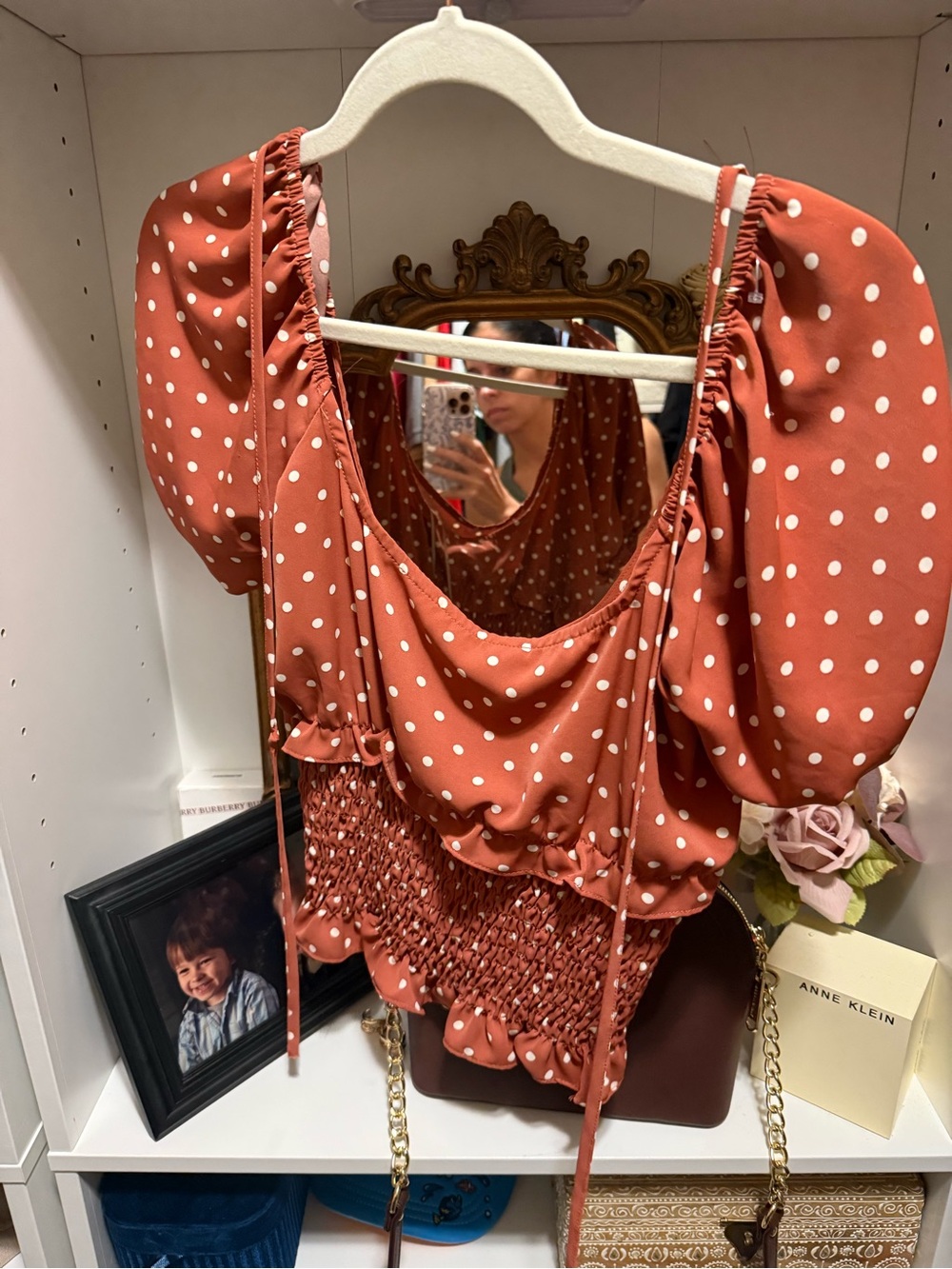 Polka Dot Puff-Sleeve Smocked Waist Top - Rust Small